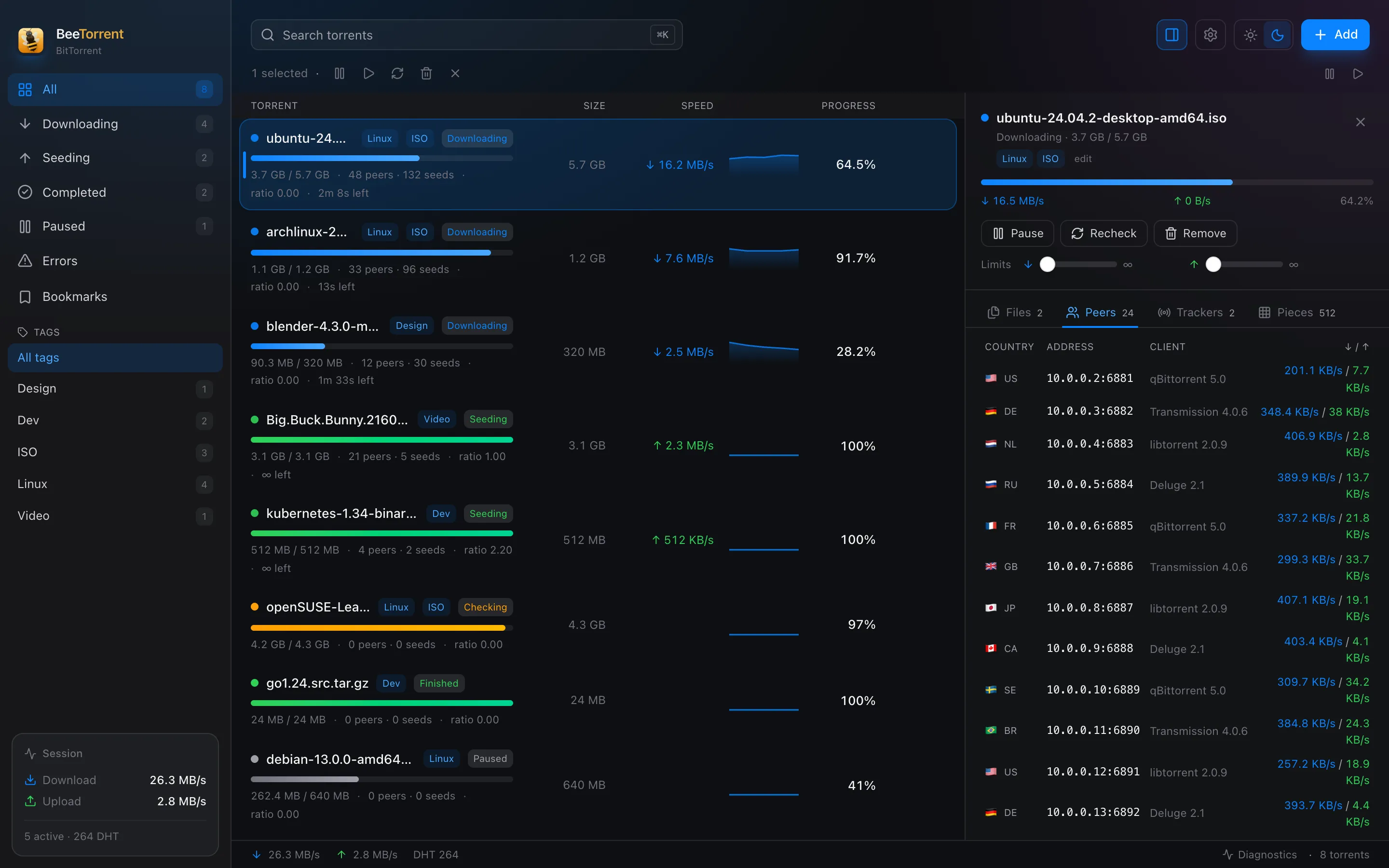 Peers: client, country, speed and progress
